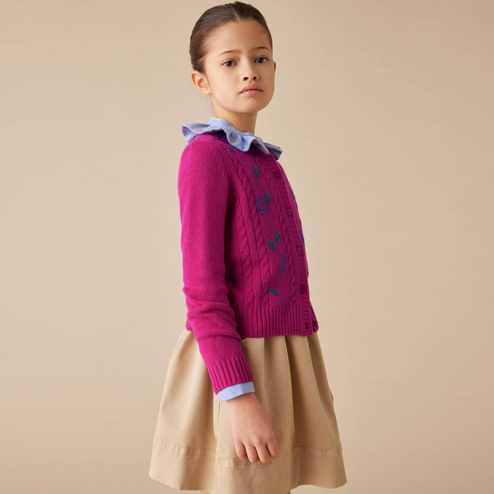 Il Gufo-كارديغان صوف مطرز بورود لون زهري للبنات | Childrensalon Outlet