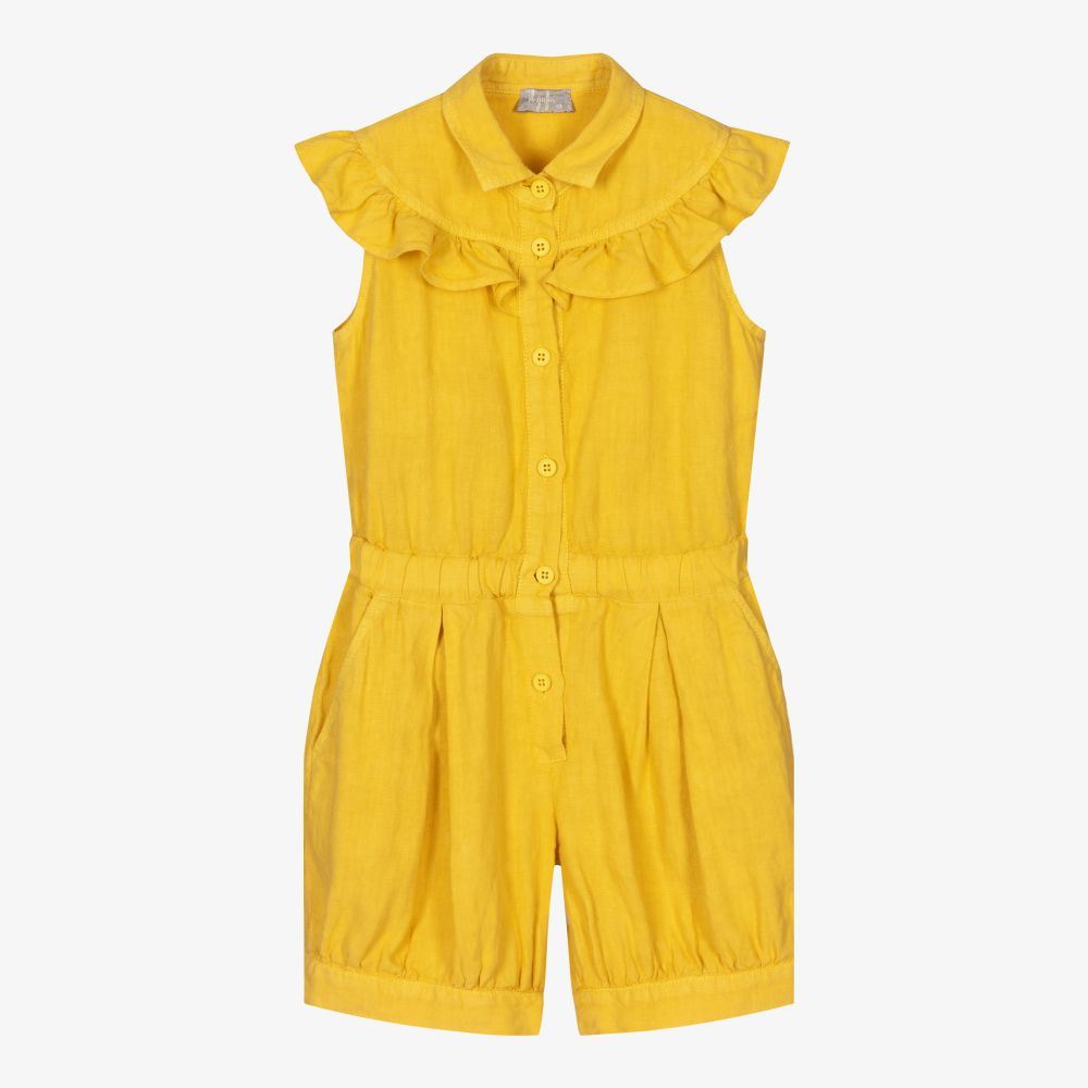 Il Gufo - Girls Yellow Linen Playsuit | Childrensalon