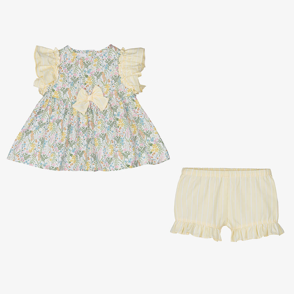 إيل غوفو-طقم شورت أطفال بناتي قطن مقلم لون أصفر بطبعة ورود | Childrensalon Outlet