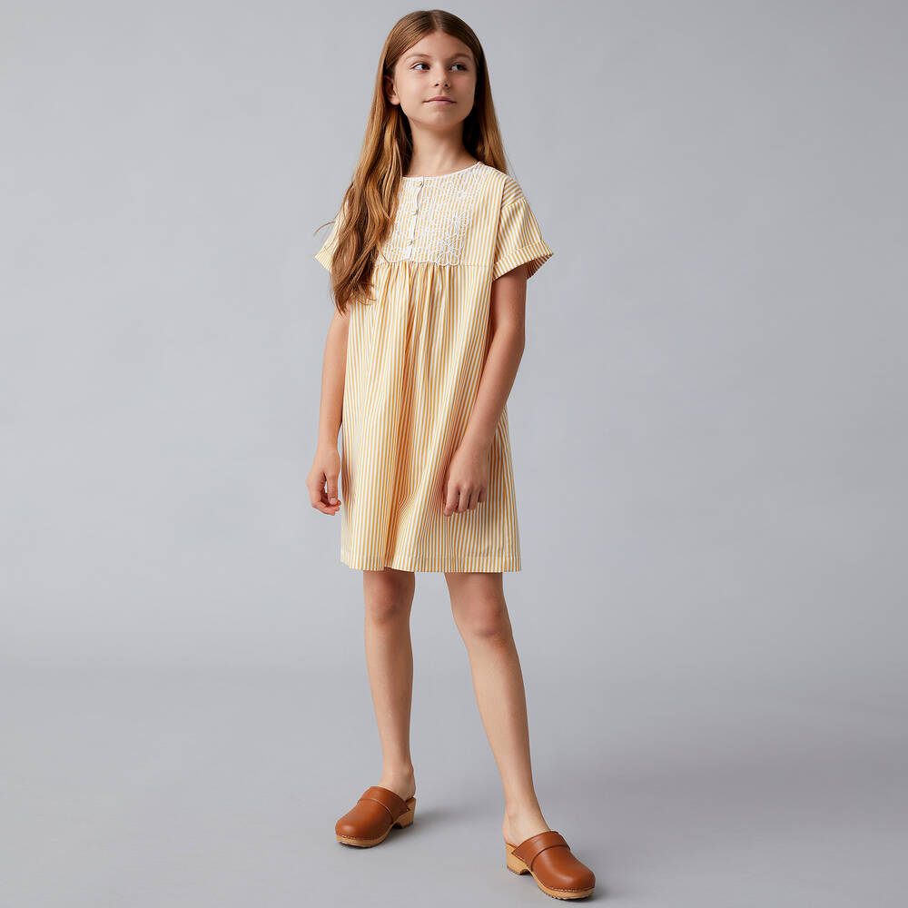 Il Gufo-Girls Yellow Striped Cotton Dress | Childrensalon Outlet