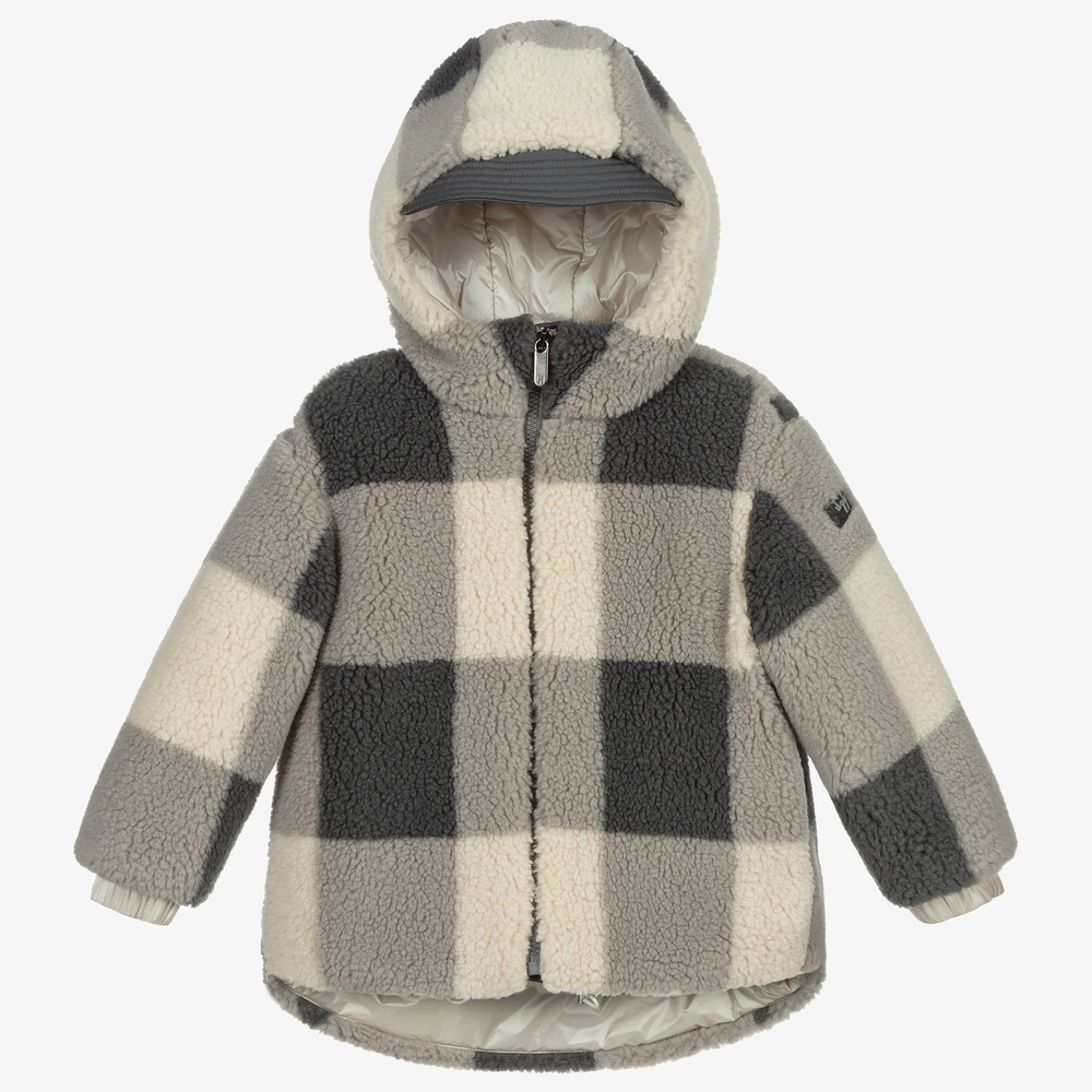 Il Gufo - Grey & Beige Check Teddy Coat | Childrensalon