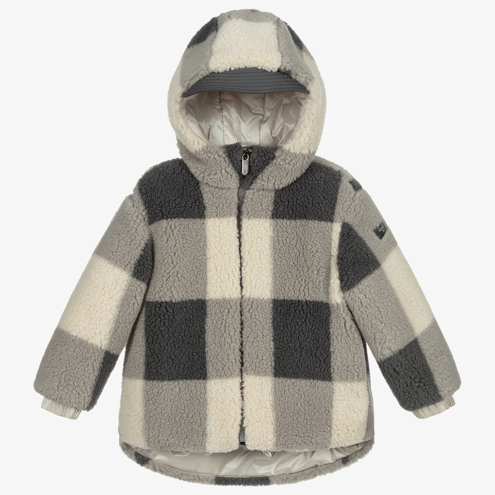 Grey Beige Check Teddy Coat