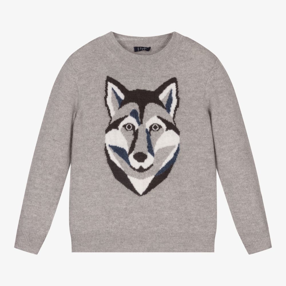 Il Gufo - Grauer Pullover aus Wolle mit Wolf-Print | Childrensalon