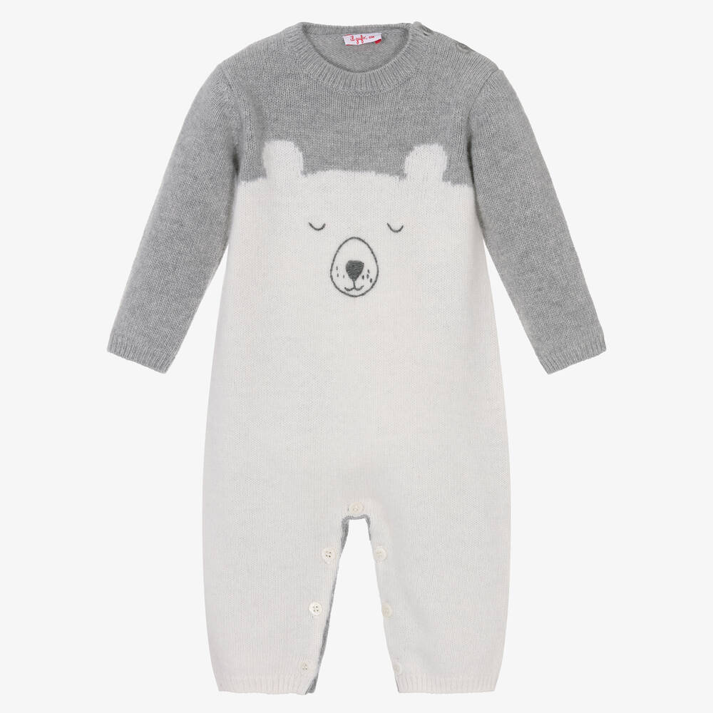 Il Gufo - Ivory & Grey Bear Wool Knit Baby Romper  | Childrensalon