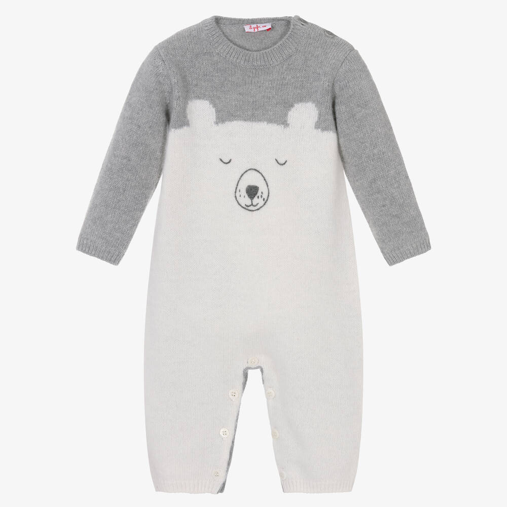 Il Gufo-Ivory & Grey Bear Wool Knit Baby Romper  | Childrensalon Outlet