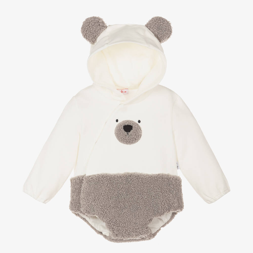 Il Gufo - Ivory & Grey Cotton Teddy Bear Babysuit | Childrensalon