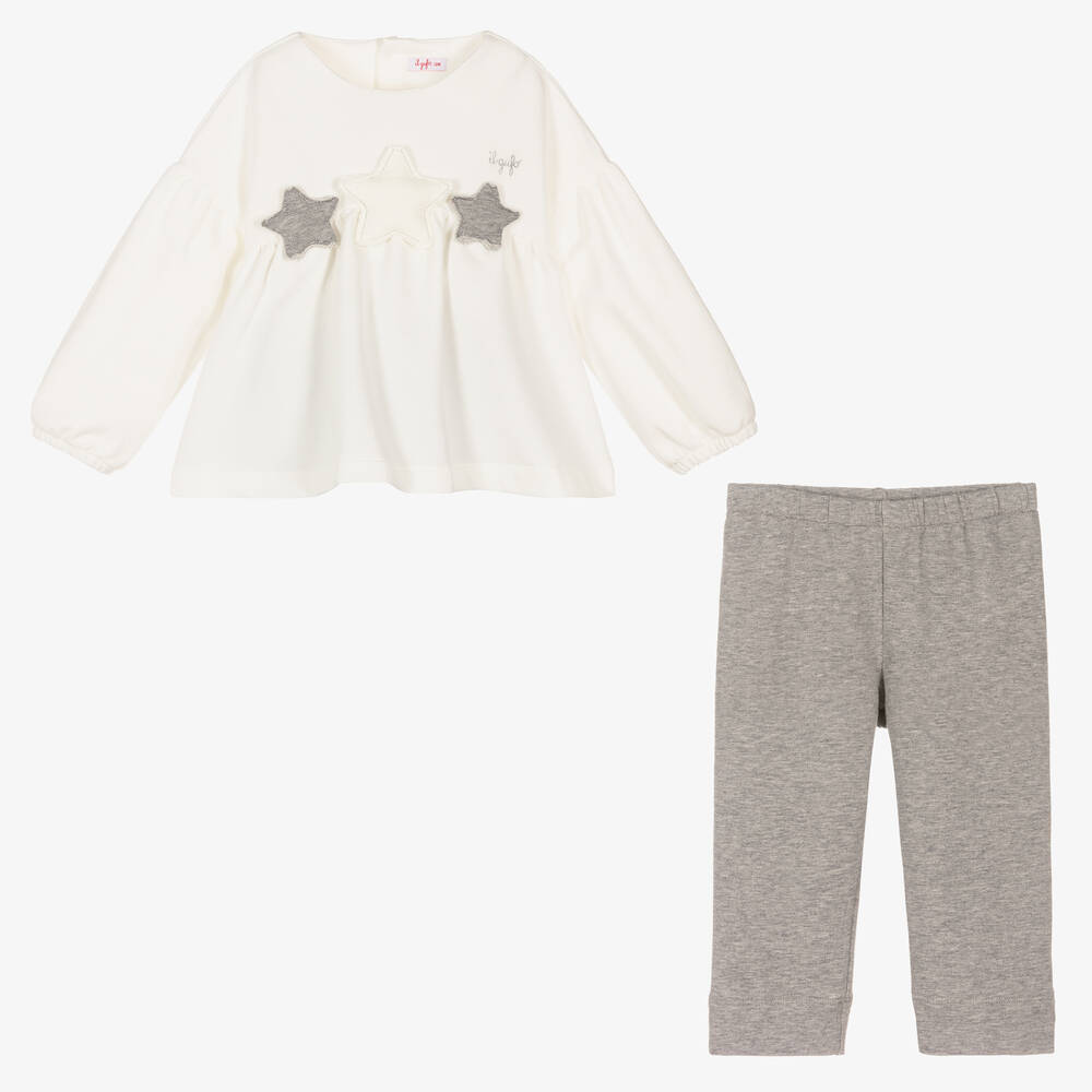 إيل غوفو-طقم بنطلون أطفال بناتي قطن جيرسي لون عاجي ورمادي | Childrensalon Outlet