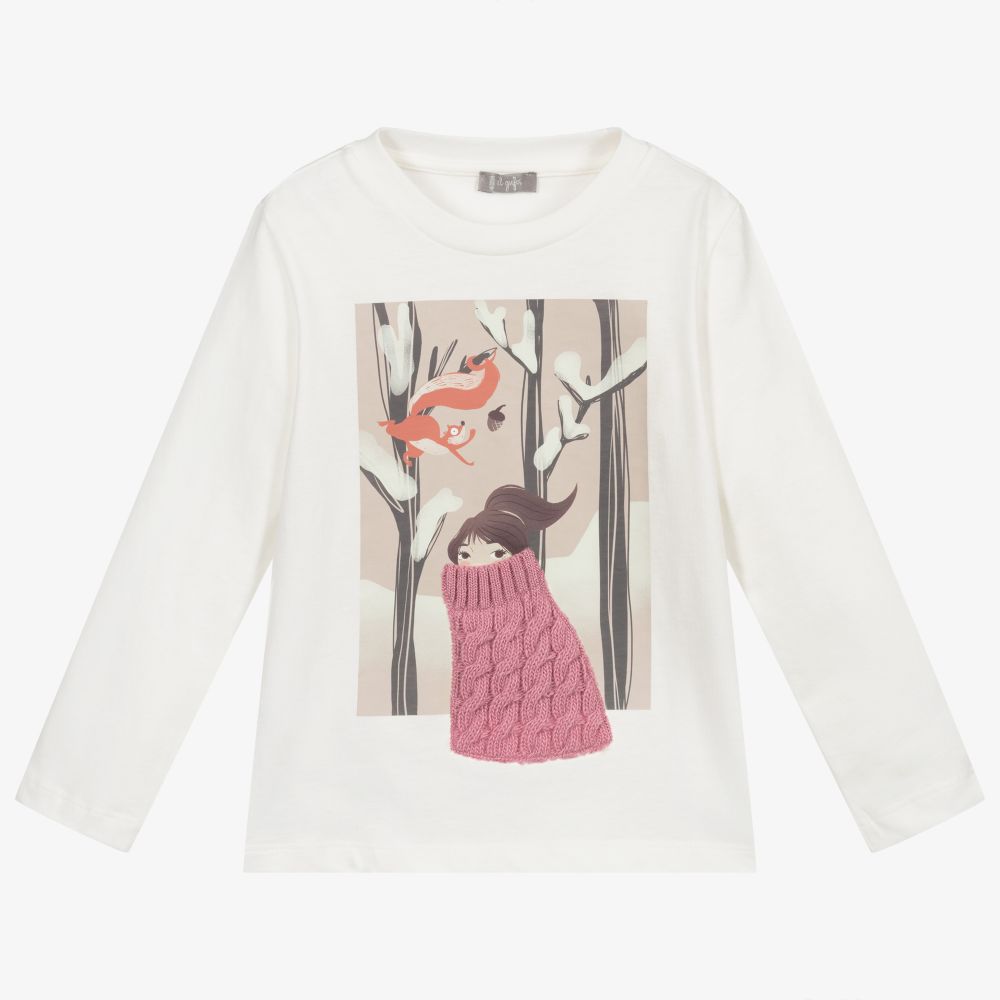 Il Gufo - Ivory & Pink Girl Print Top | Childrensalon