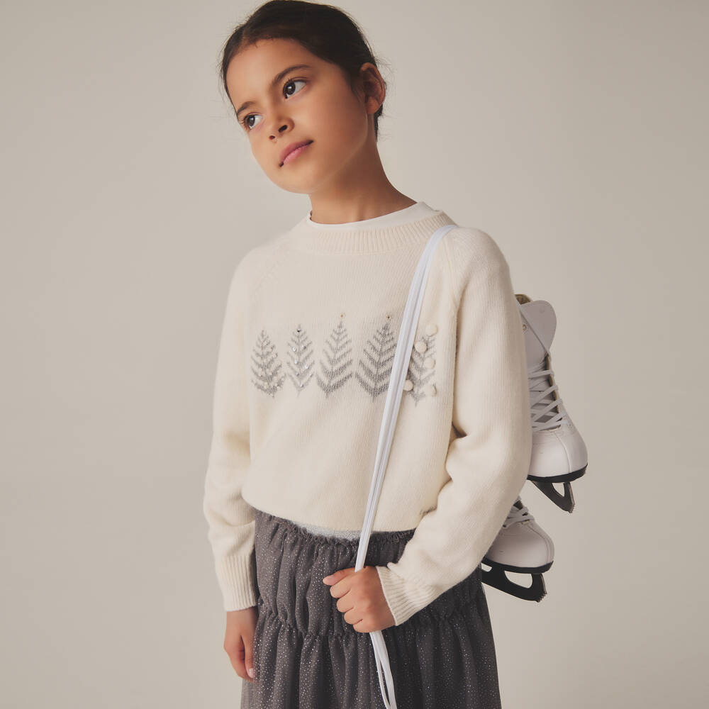 Il Gufo-Ivory Silver Trees Sparkle Sweater | Childrensalon Outlet
