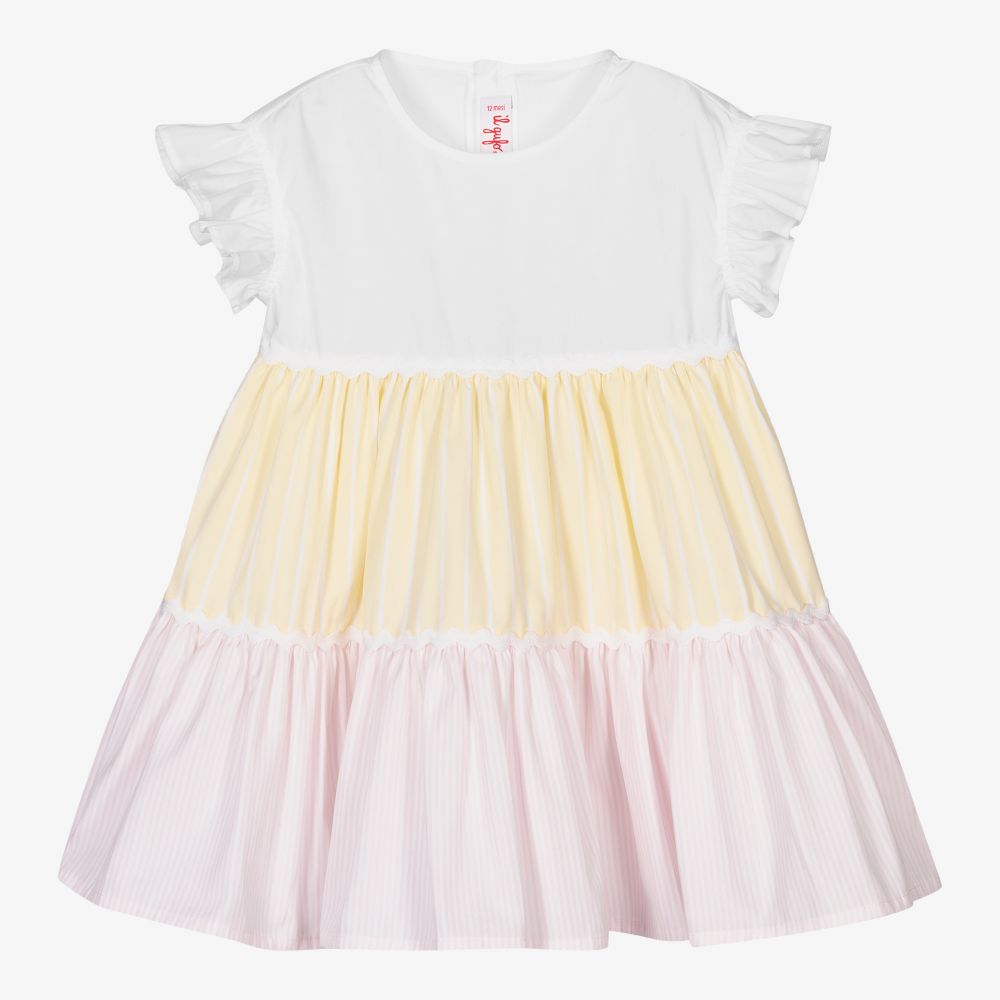 Il Gufo - فستان قطن لون أبيض وأصفر وزهري | Childrensalon