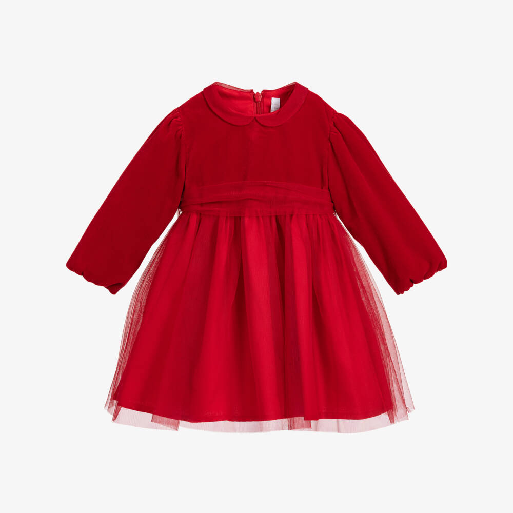 Il Gufo-فستان أطفال بناتي مخمل و تول لون أحمر | Childrensalon Outlet