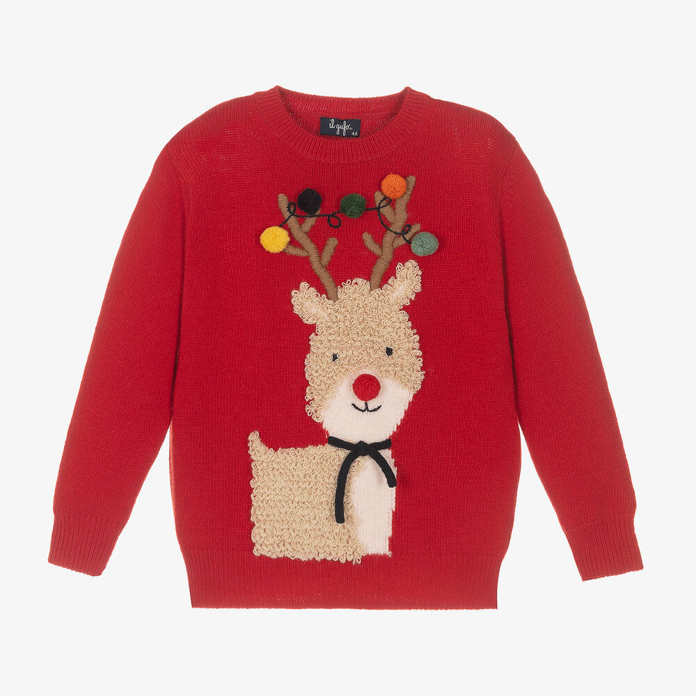 Il Gufo - Pull rouge en laine Renne | Childrensalon