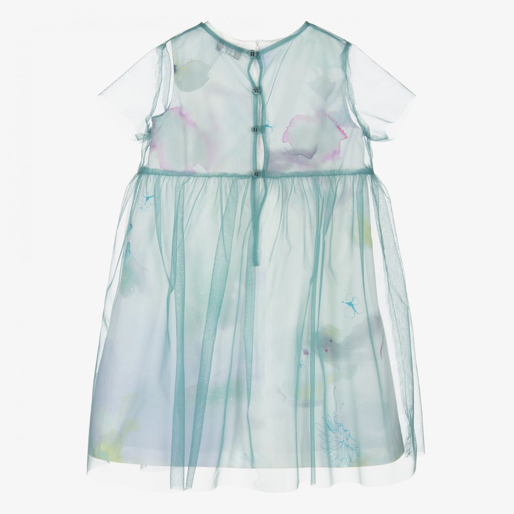 Il Gufo-Платье цвета морской волны из тюля с цветами | Childrensalon Outlet