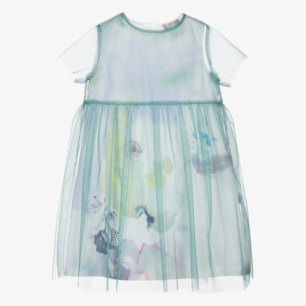 Il Gufo - Платье цвета морской волны из тюля с цветами | Childrensalon