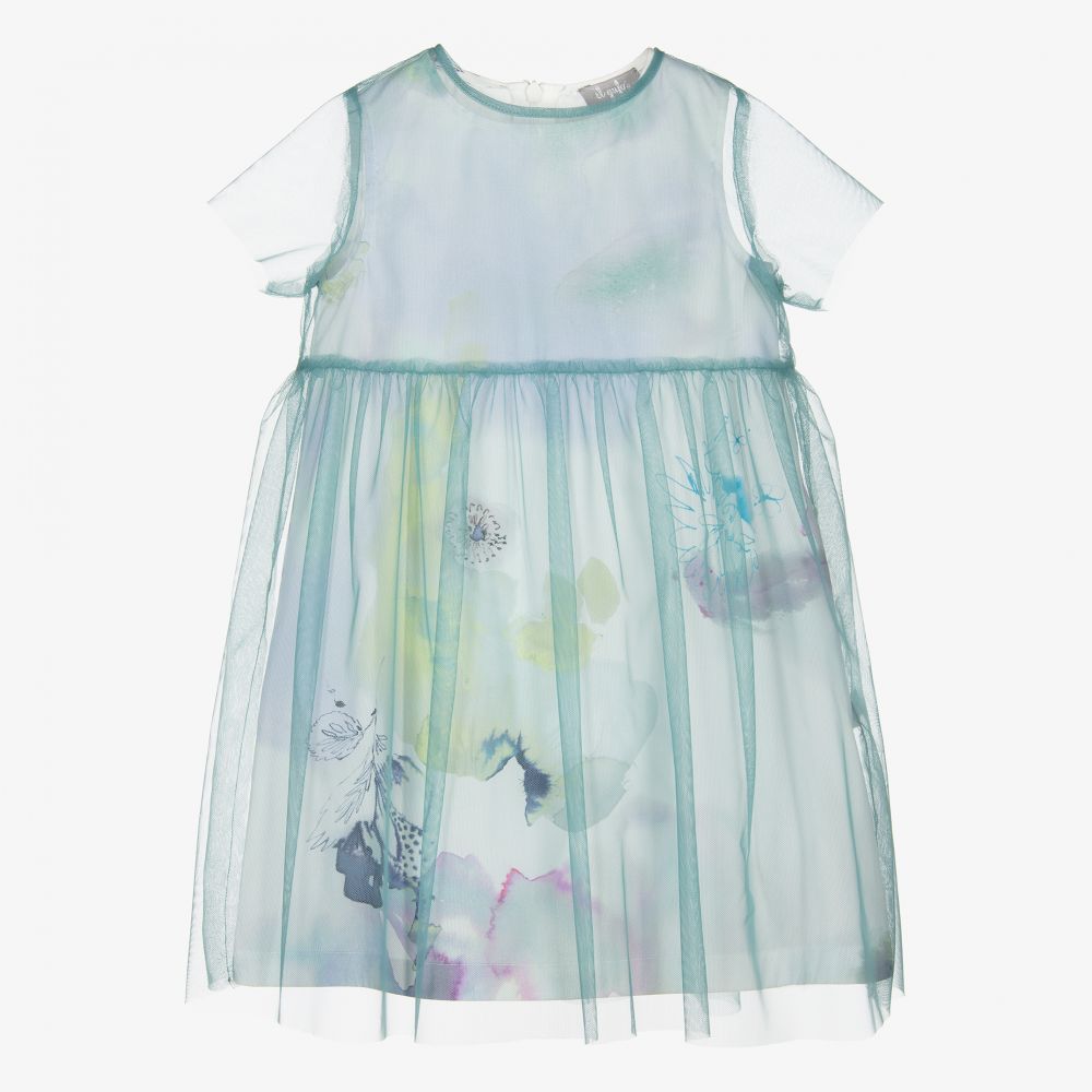 Il Gufo-Sea Green Tulle Floral Dress | Childrensalon Outlet