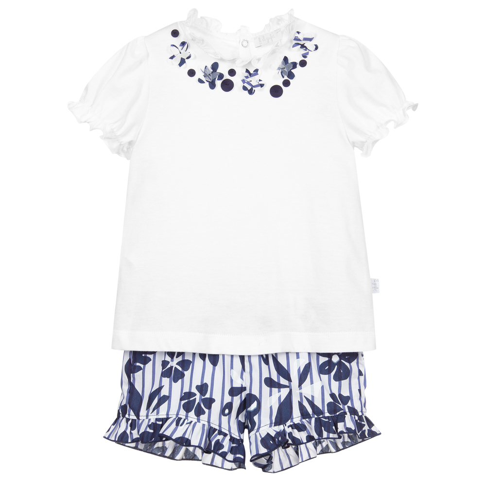 Il Gufo - White & Blue Floral Shorts Set | Childrensalon