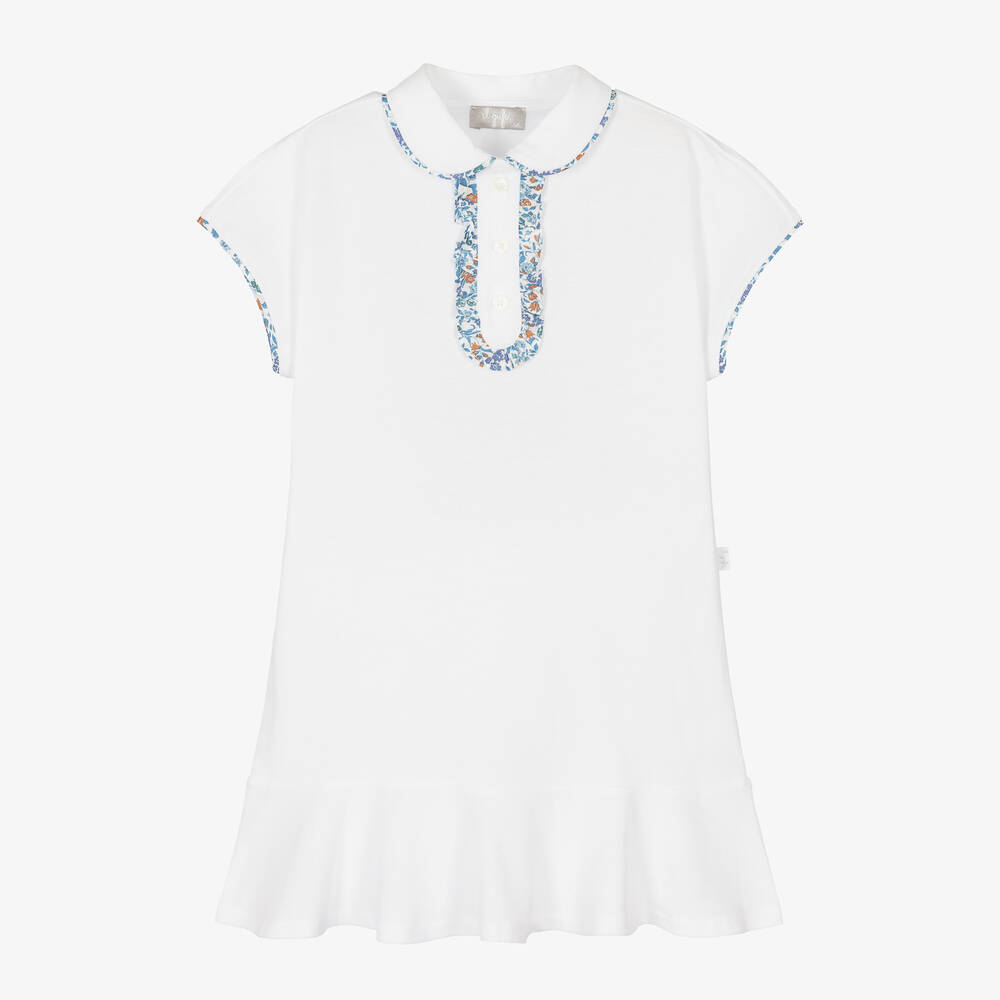 Il Gufo - Белое хлопковое платье с голубой отделкой в цветочек | Childrensalon
