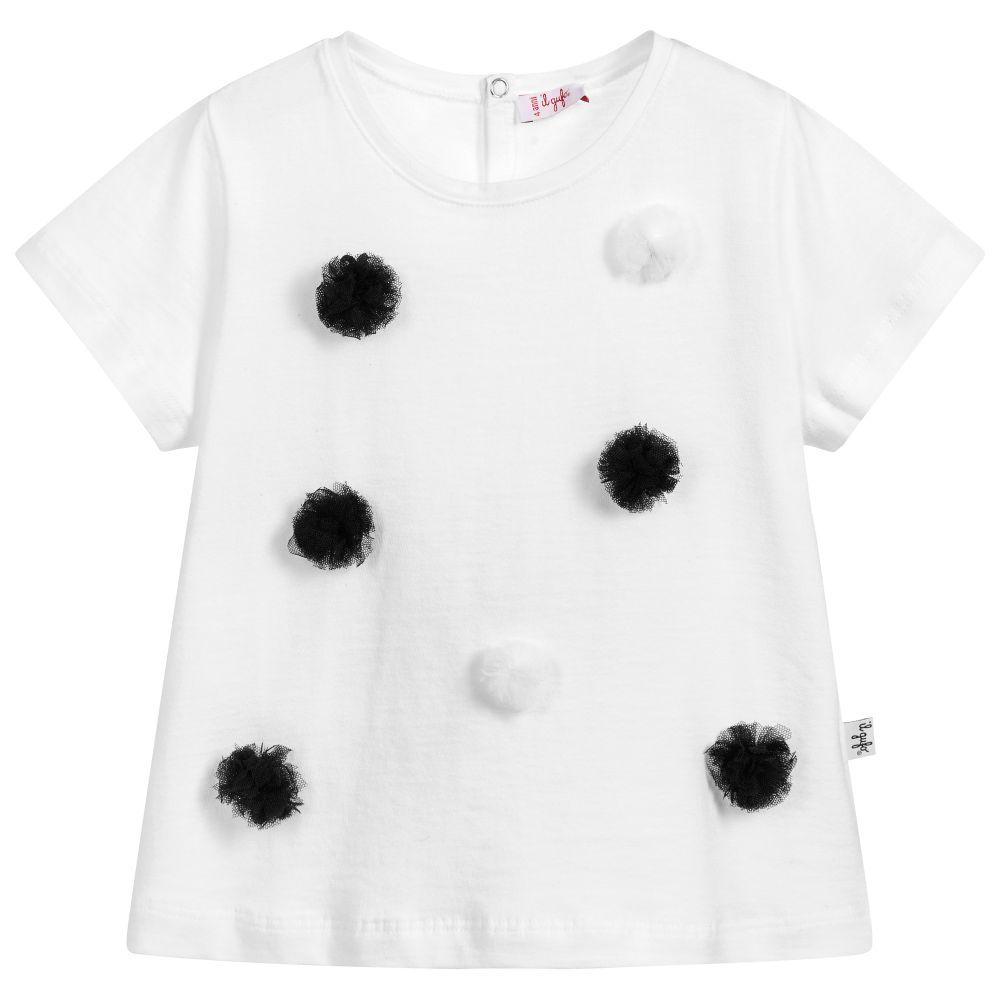 Il Gufo - White & Blue Pom-Pom T-Shirt  | Childrensalon