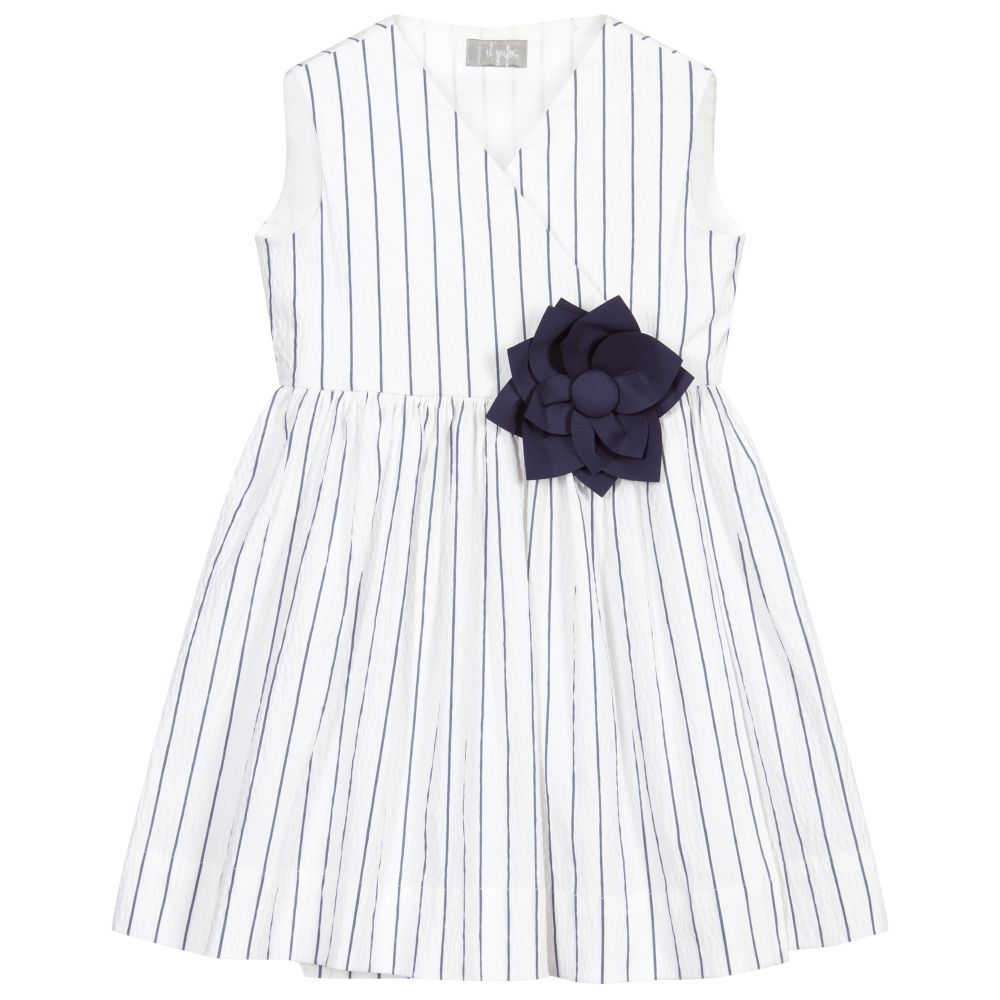 Il Gufo - فستان مزيج قطن مقلم لون أبيض وكحلي | Childrensalon