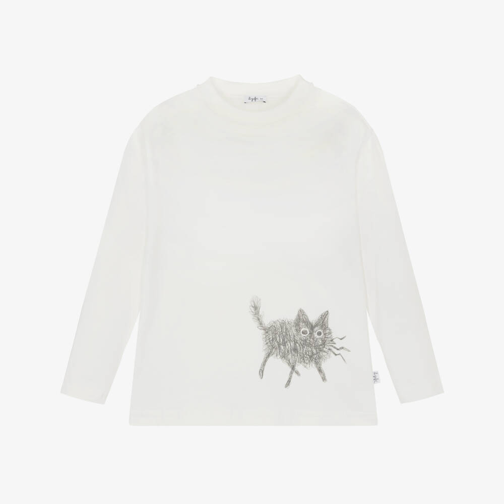 Il Gufo-White Cat Print Ls T-shirt | Childrensalon Outlet