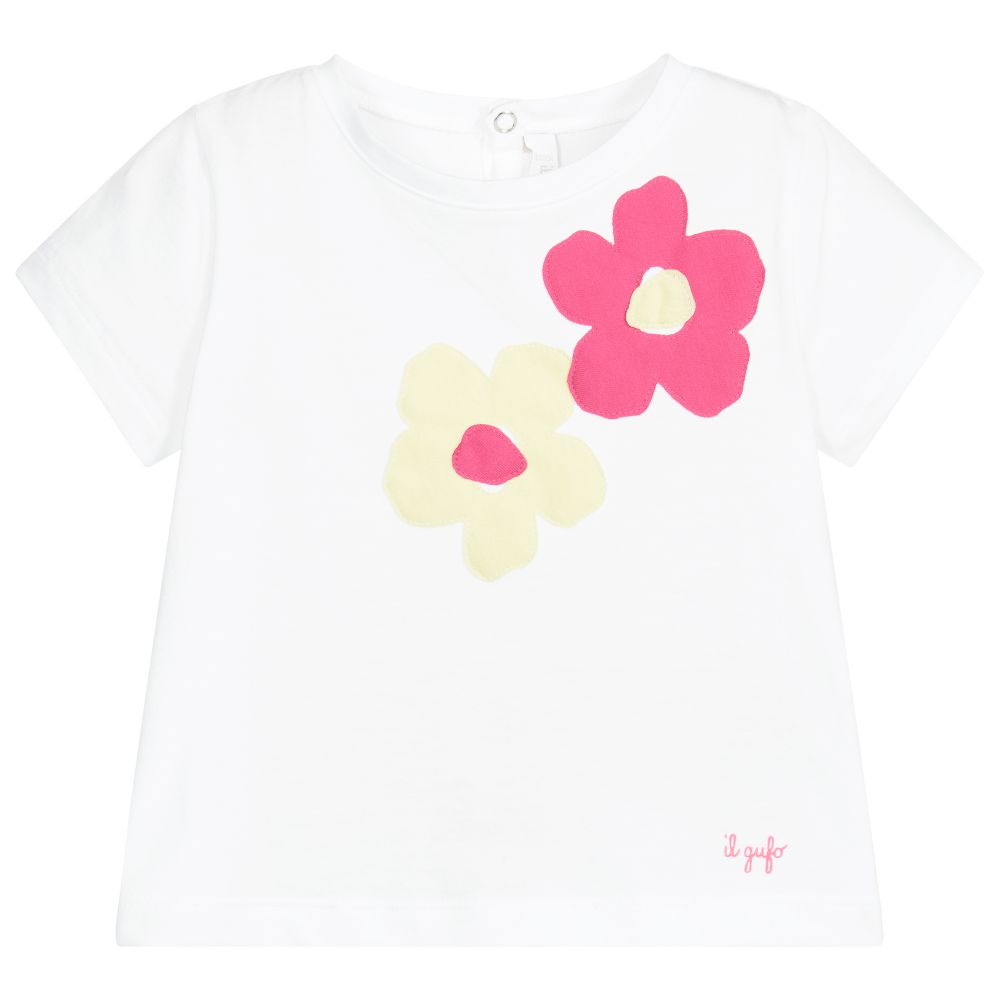 Il Gufo - White Cotton Floral T-Shirt | Childrensalon