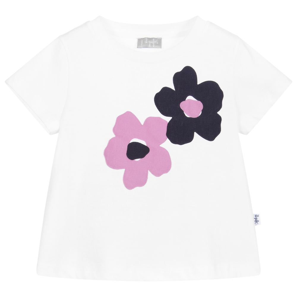 Il Gufo - White Cotton Floral T-Shirt | Childrensalon