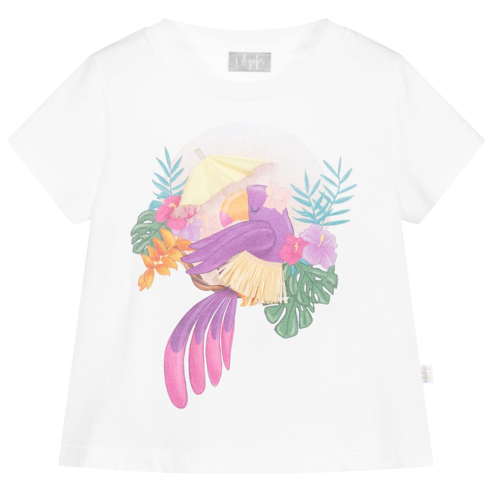 Il Gufo - White Cotton Parrot T-Shirt | Childrensalon