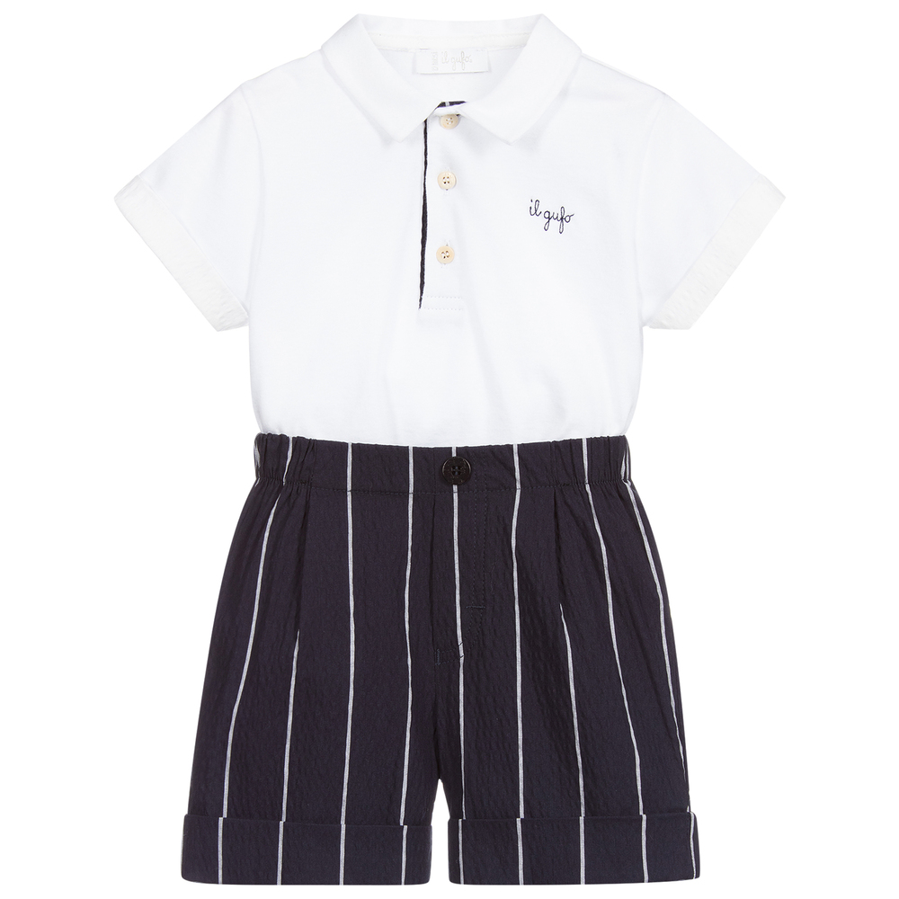 Il Gufo - White Top & Blue Shorts Set | Childrensalon