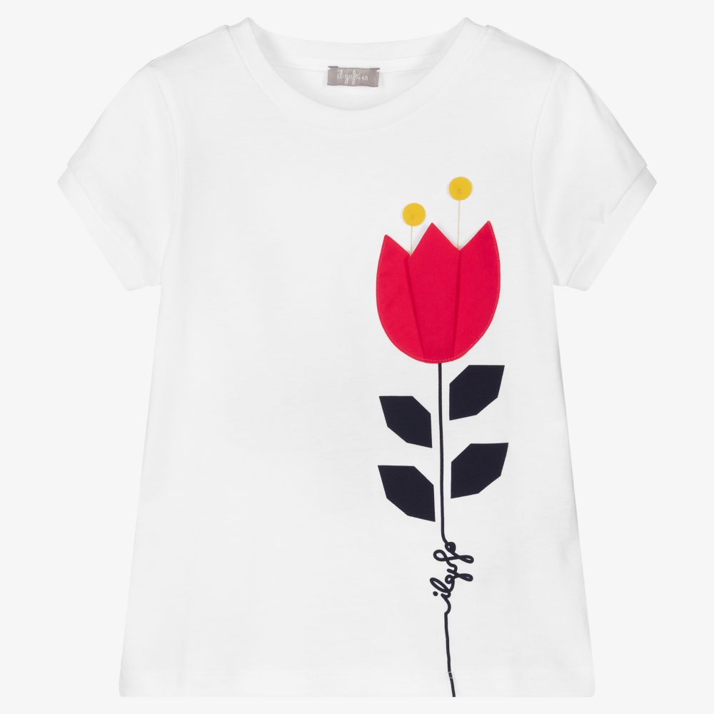 Il Gufo - Weißes Baumwoll-T-Shirt mit Tulpe | Childrensalon