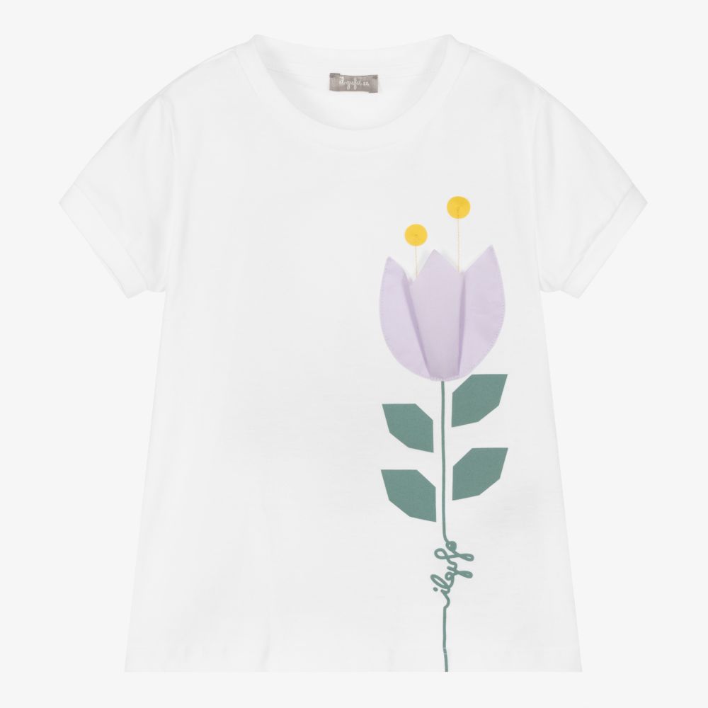 Il Gufo - Weißes Baumwoll-T-Shirt mit Tulpen-Applikation | Childrensalon