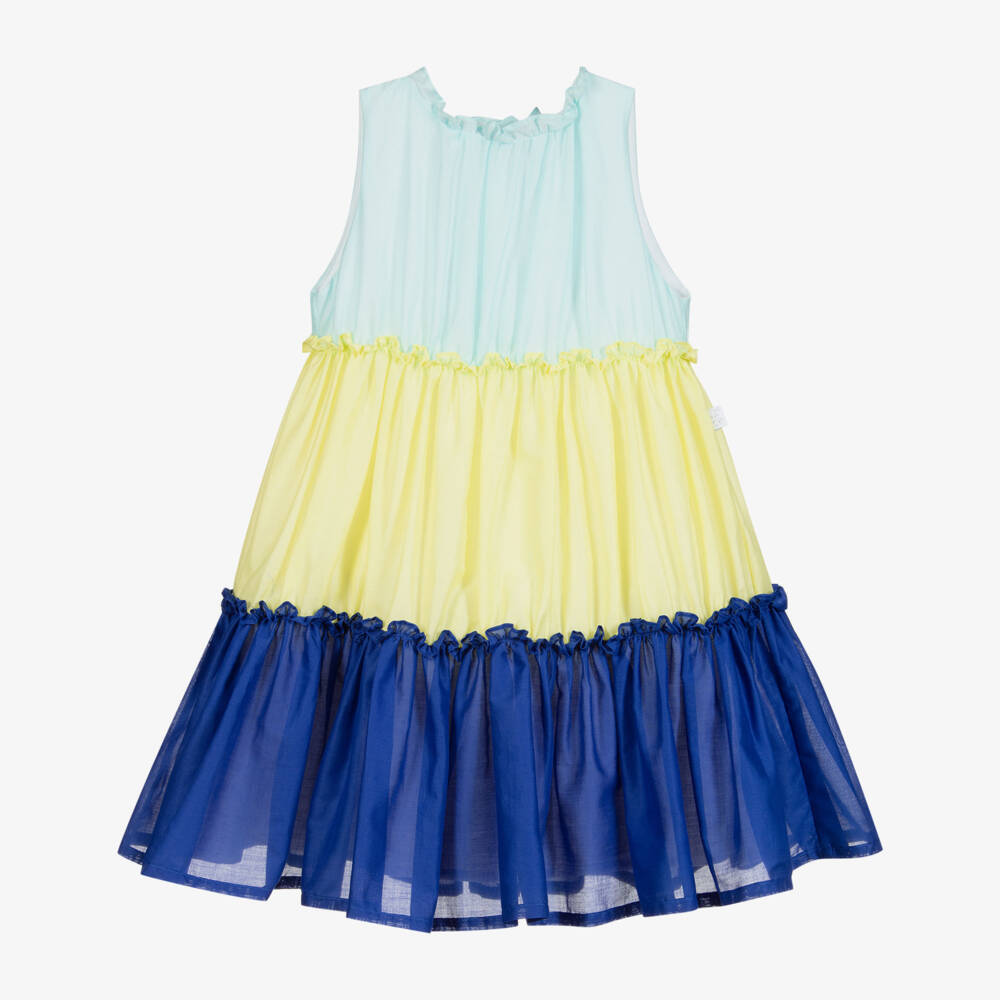 Il Gufo-فستان قطن بطبقات لون أصفر وأزرق | Childrensalon Outlet