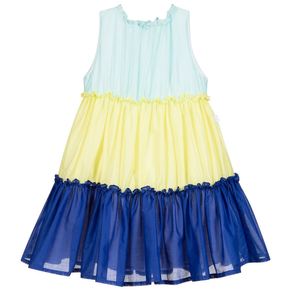 Il Gufo - فستان قطن بطبقات لون أصفر وأزرق | Childrensalon