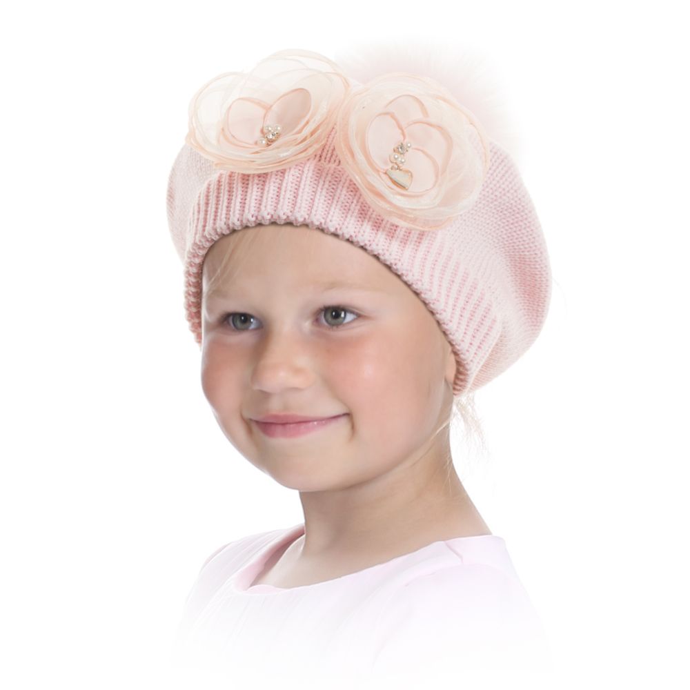 Il Trenino - Girls Pink Wool Beret with Fur Pom-Pom | Childrensalon