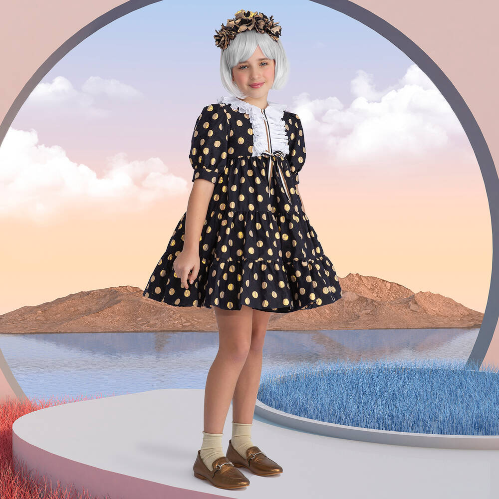 Irpa-Синее платье в золотистый горошек | Childrensalon Outlet