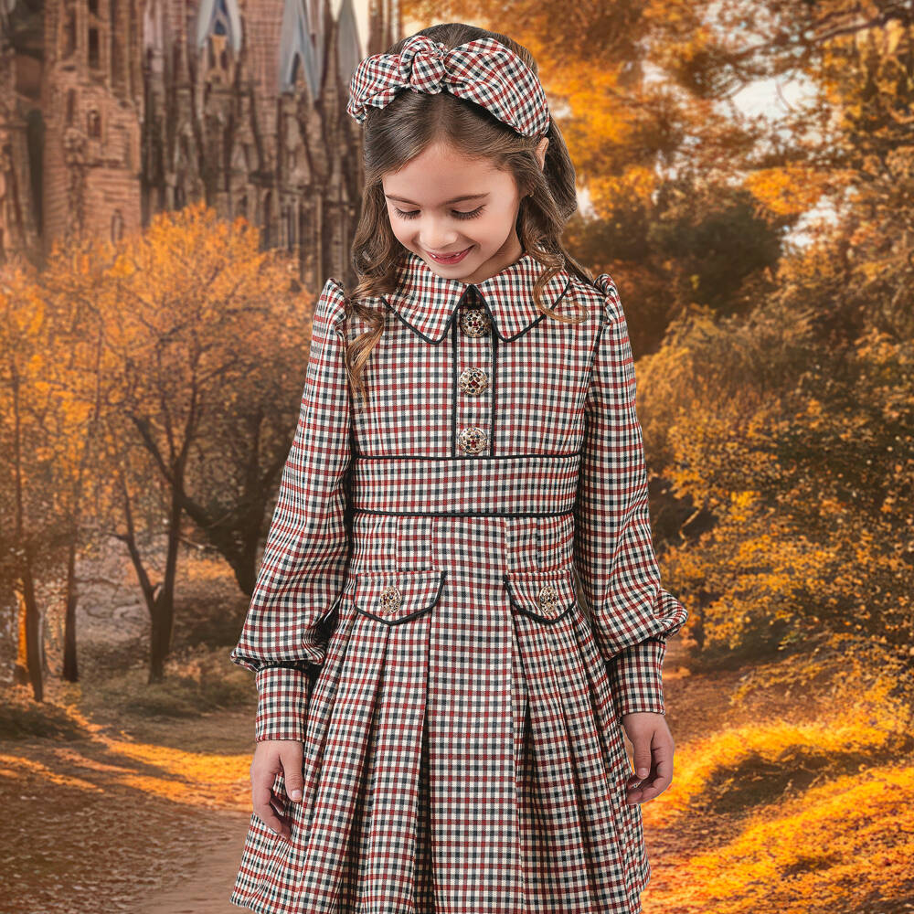 Irpa-Girls Beige & Burgundy Red Check Dress with Box Pleats | Childrensalon Outlet