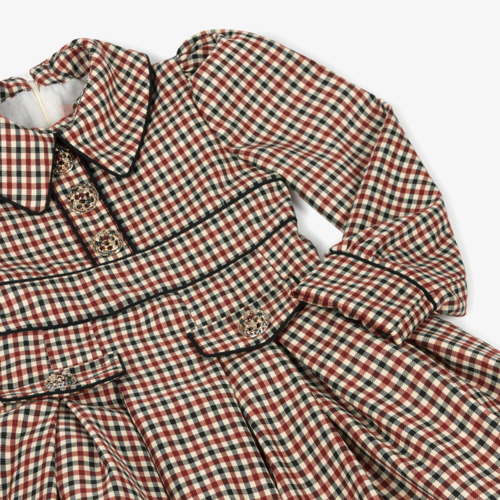 Irpa-Girls Beige & Burgundy Red Check Dress with Box Pleats | Childrensalon Outlet