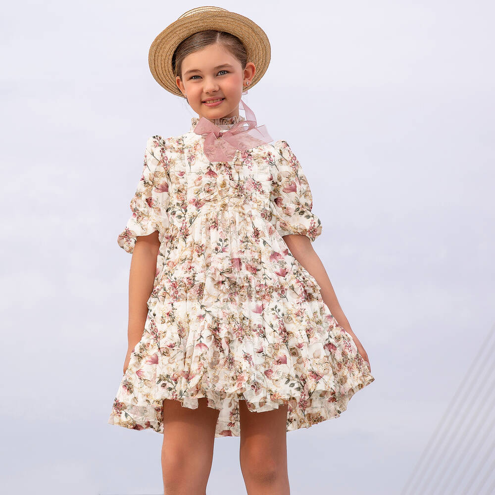 Irpa-Бежевое платье в цветочек с рюшами | Childrensalon Outlet
