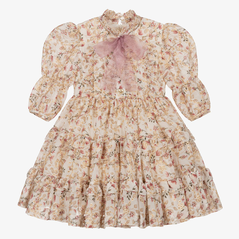 Irpa - Robe beige à fleurs et volants | Childrensalon