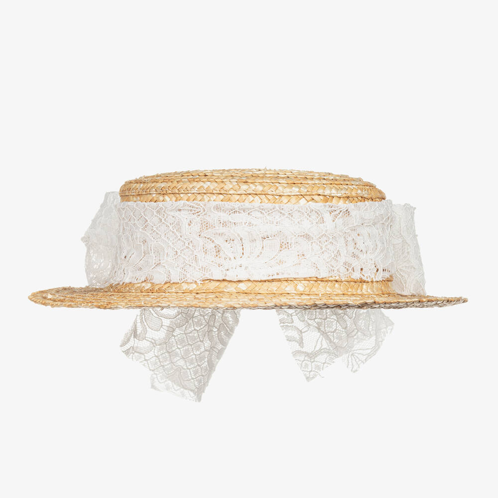 Irpa-Girls Beige Straw & Lace Hat | Childrensalon Outlet
