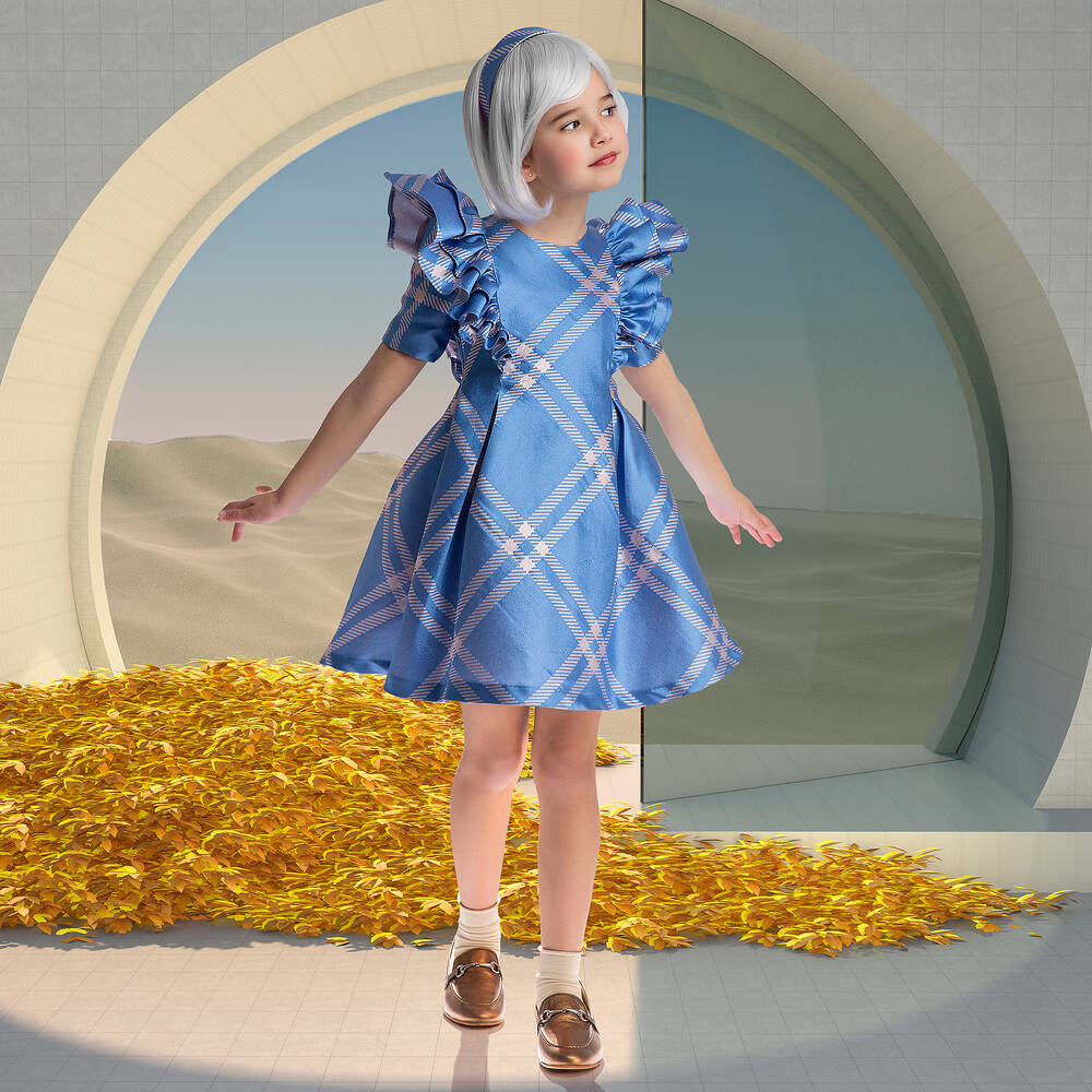 Irpa-Girls Blue Check Satin Dress | Childrensalon Outlet