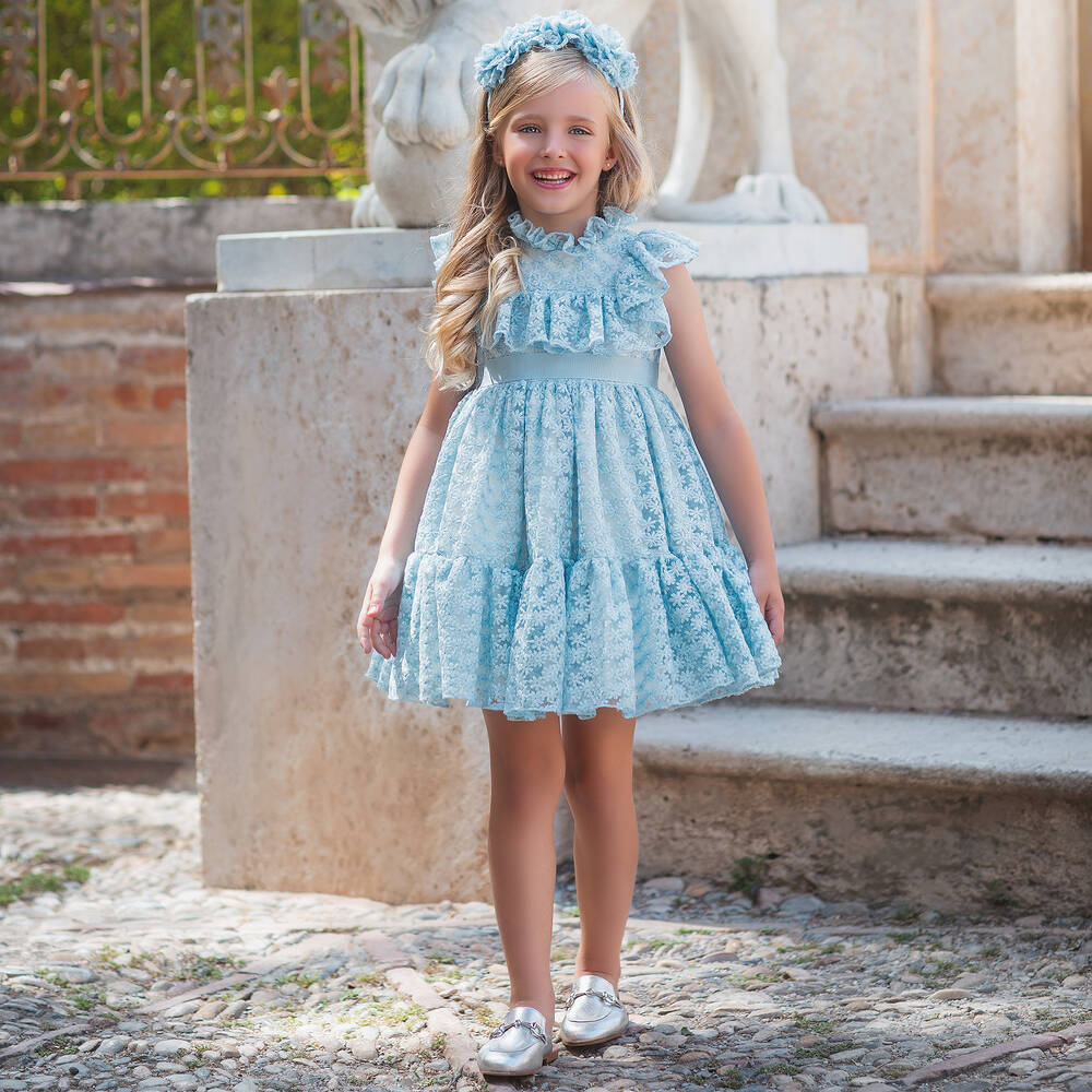 Irpa-Girls Blue Embroidered Tulle Dress | Childrensalon Outlet