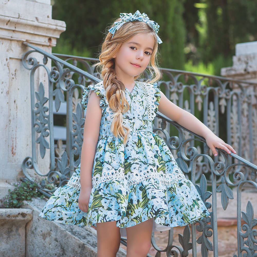 Irpa-فستان تافتا لون أزرق بطبعة ورود | Childrensalon Outlet