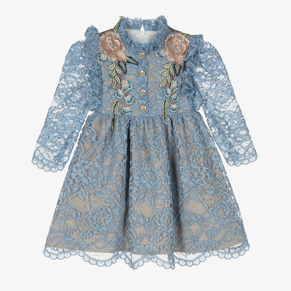Irpa - Girls Blue Floral Lace Dress | Childrensalon