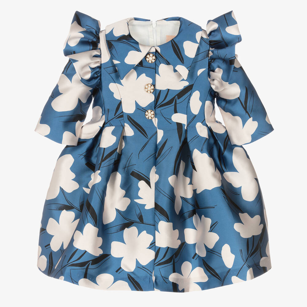 Irpa - فستان بطبعة ورود مزيج قطن لون عاجي وأزرق | Childrensalon