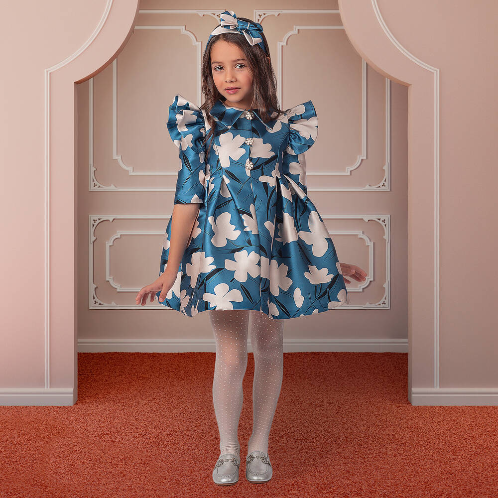 Irpa-فستان بطبعة ورود مزيج قطن لون عاجي وأزرق | Childrensalon Outlet