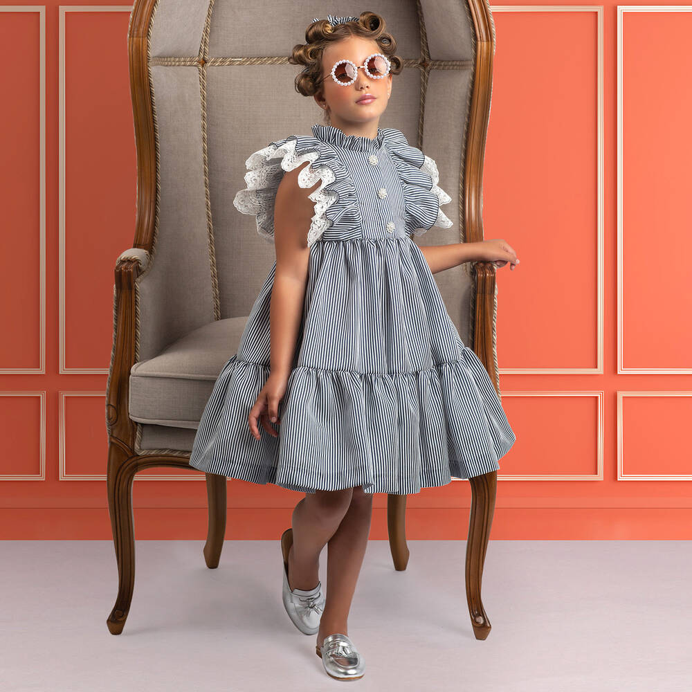 Irpa-Girls Blue Stripe Ruffle Dress | Childrensalon Outlet