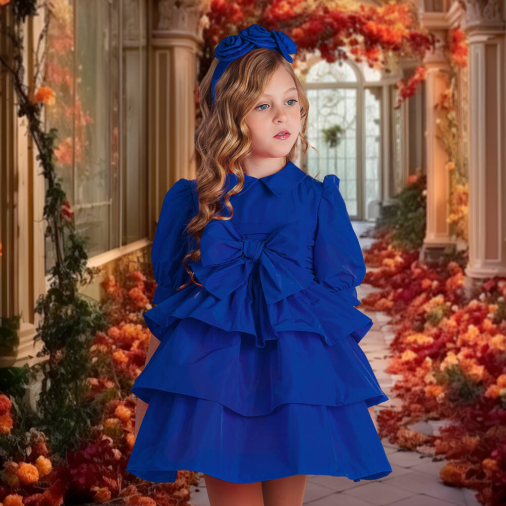 Irpa-Girls Blue Taffeta Dress | Childrensalon Outlet