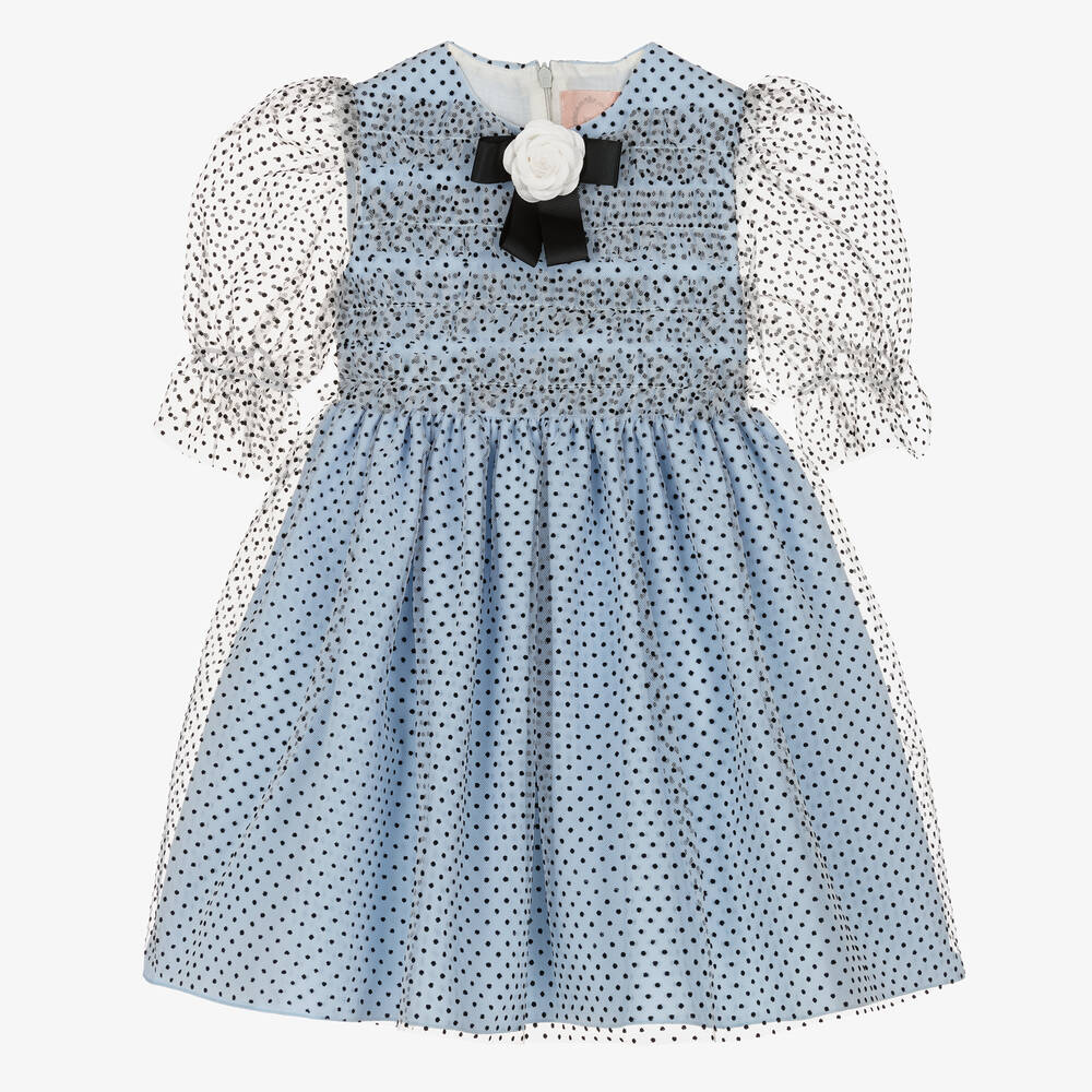 Irpa - Robe bleue en tulle à pois fille | Childrensalon