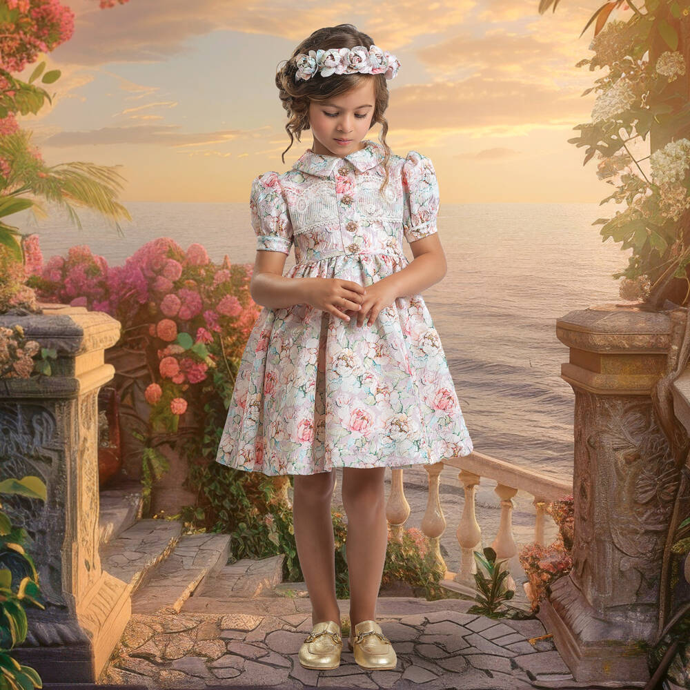 Irpa-فستان جاكار وردي للبنات | Childrensalon Outlet