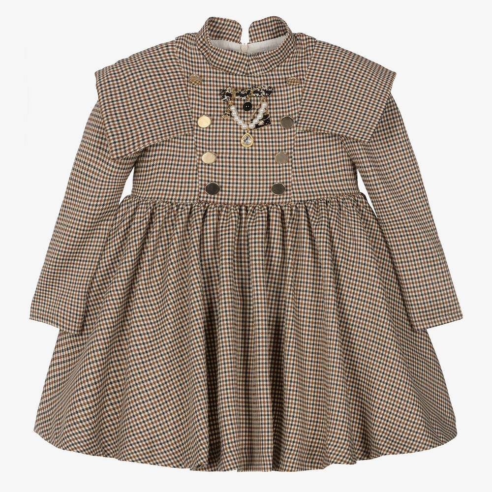 Irpa - Girls Brown & Ivory Checked Dress | Childrensalon